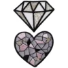 Iron-on strykemerke 1 diamant og 1 hjerte med sølv og glitter. 60×45 mm / Ø55 mm
