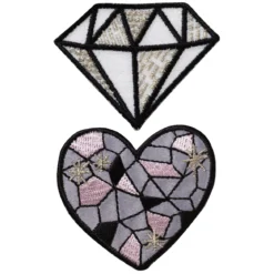 Iron-on strykemerke 1 diamant og 1 hjerte med sølv og glitter. 60×45 mm / Ø55 mm