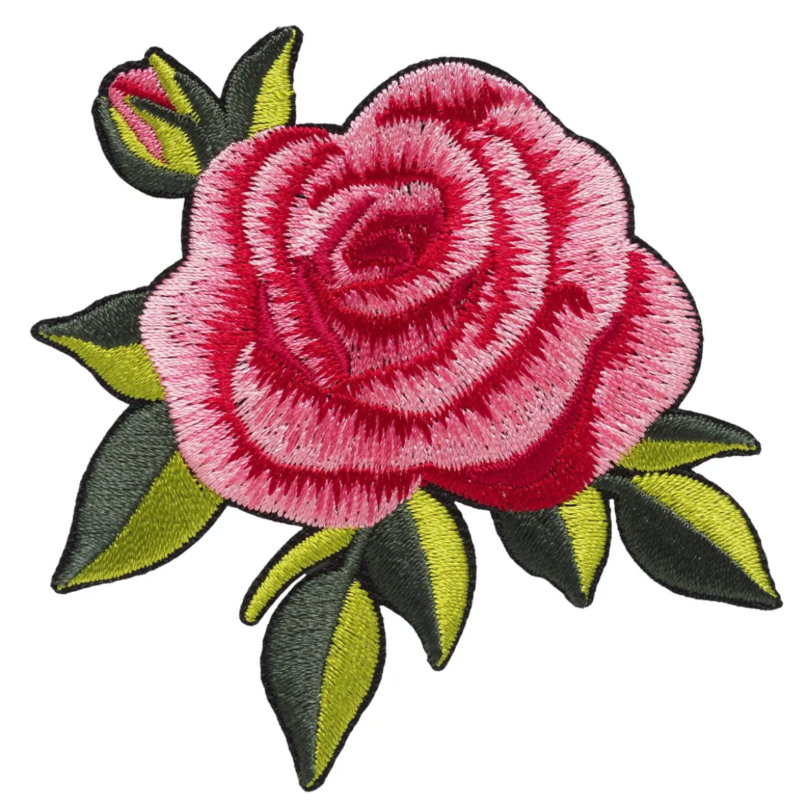 Iron-on strykemerke – stor og skinnende rosa rose med grønne blader, 70×75 mm