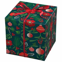 Julepapir 10-metersrull, 57 cm bred – juleblomster, bladverk og julekuler