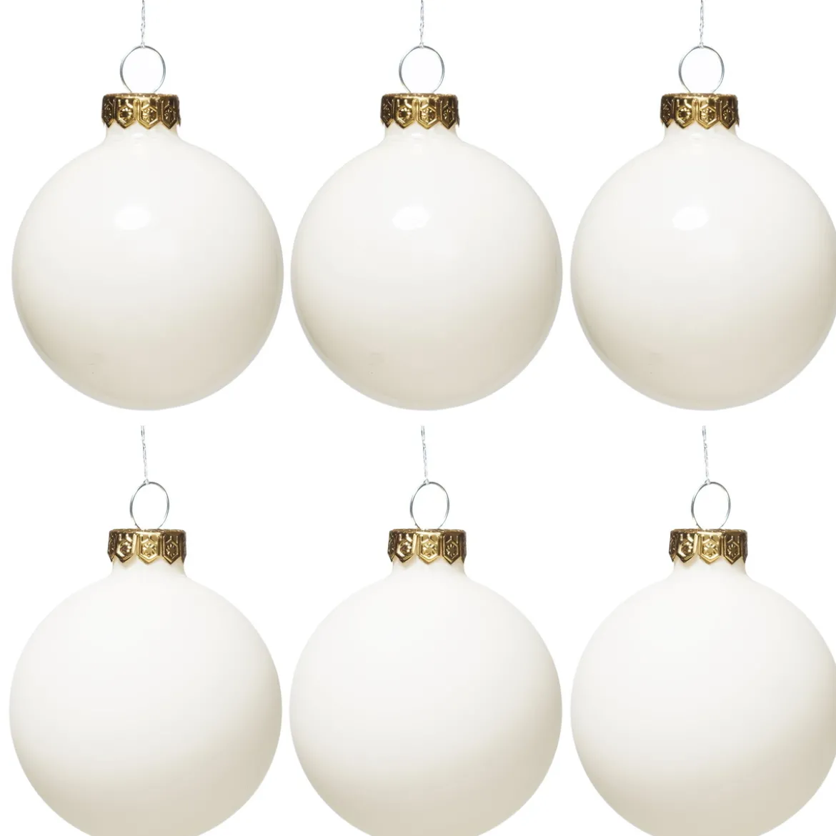 Juletrekuler, 6 fine hvite julekuler av glass med diameter 6 cm – 3 matte og 3 blanke