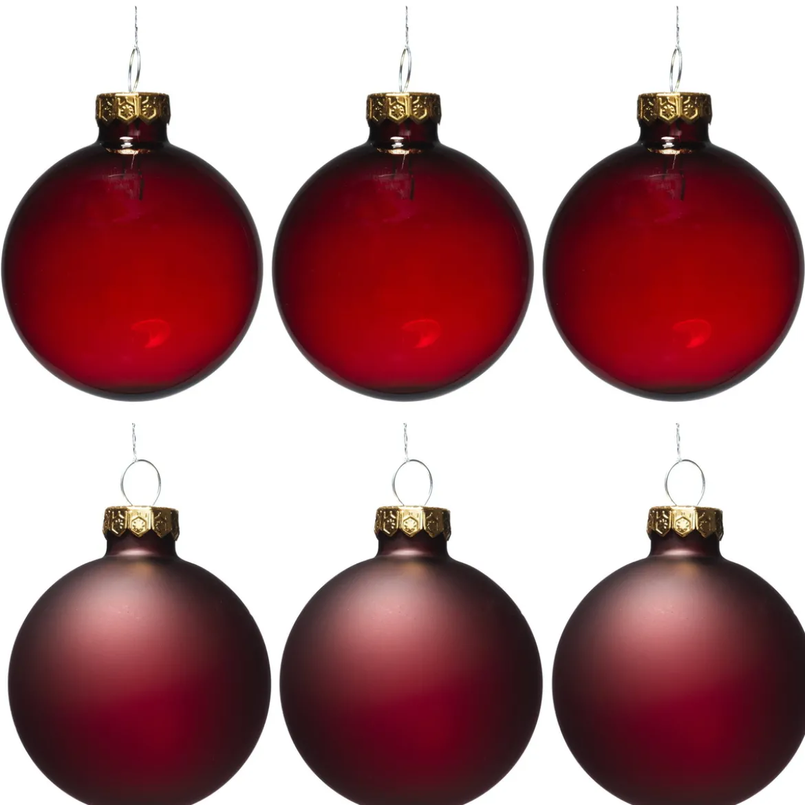 Juletrekuler, 6 fine røde julekuler av glass med diameter 6 cm – 3 matte og 3 blanke