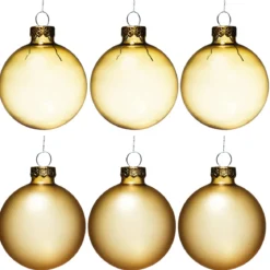 Juletrekuler, 6 stk. fine gullfargede julekuler av glass med diameter 6 cm – 3 matte og 3 blanke
