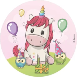 Kakebilde Ø20 cm – Unicorn / søt enhjørning med venner!