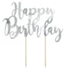 Kakepynt, cake topper, Happy Birthday i sølvbokstaver 20×13 cm