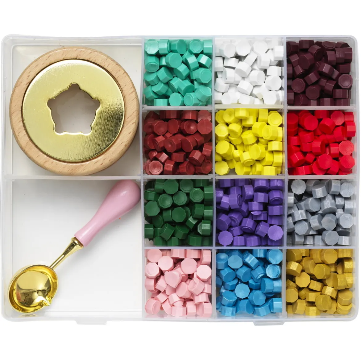 Kit med 12×3 gram voks, skje og holder for å lage fine lakksegl