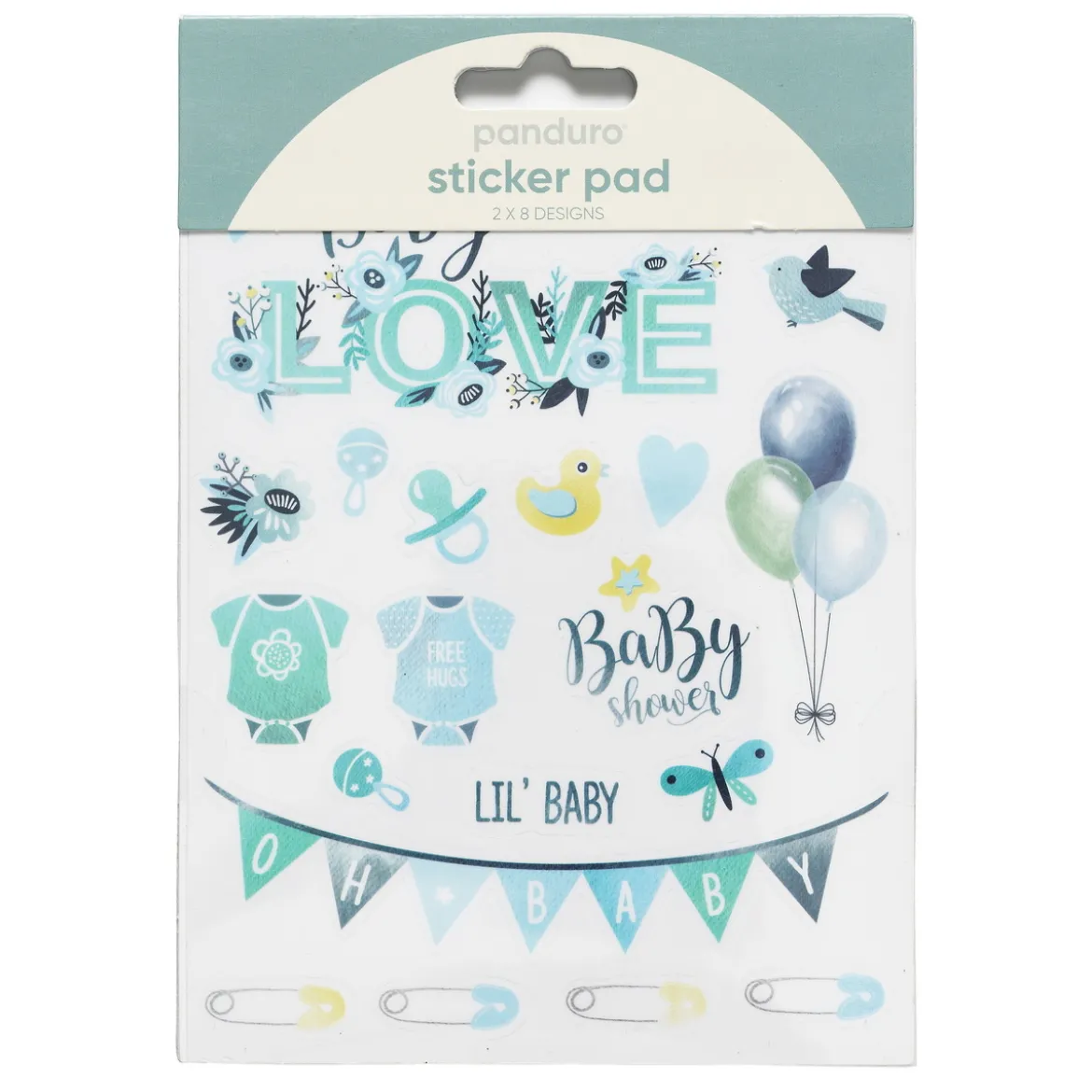 Klistremerkeblokk 16 ark Baby Blue – blått babytema. 2×8 designer