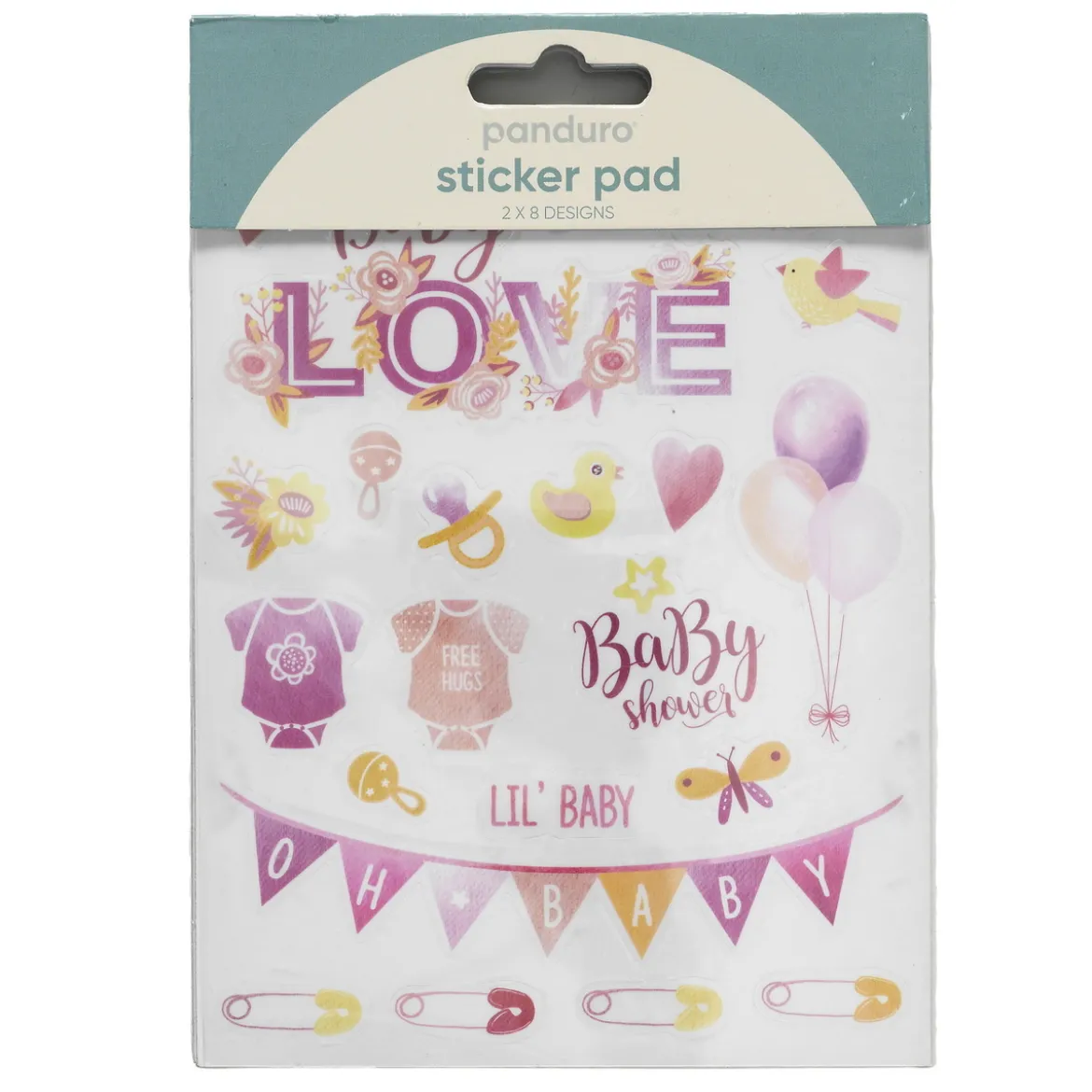 Klistremerkeblokk 16 ark Baby Pink – rosa babytema. 2×8 designer