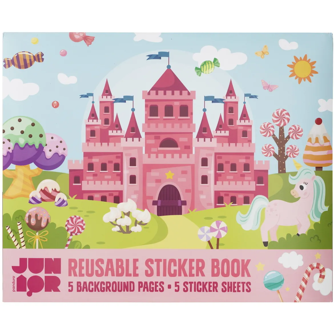Klistremerkebok Unicorn Candyland, 35x29 cm, med mer enn 100 flergangsklistremerker