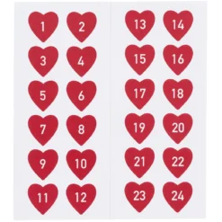 24 klistremerker 1–24 med røde hjerter