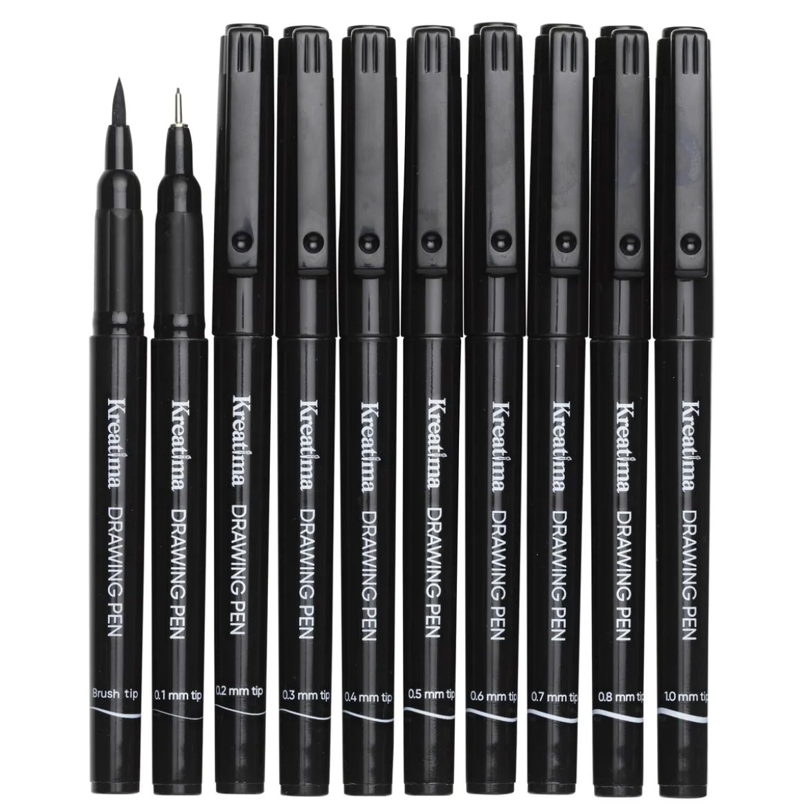 Kreatima Fineliners – 10-pakning tusjpenner i 10 størrelser 0,1–0,8, 1,0 mm + penselspiss