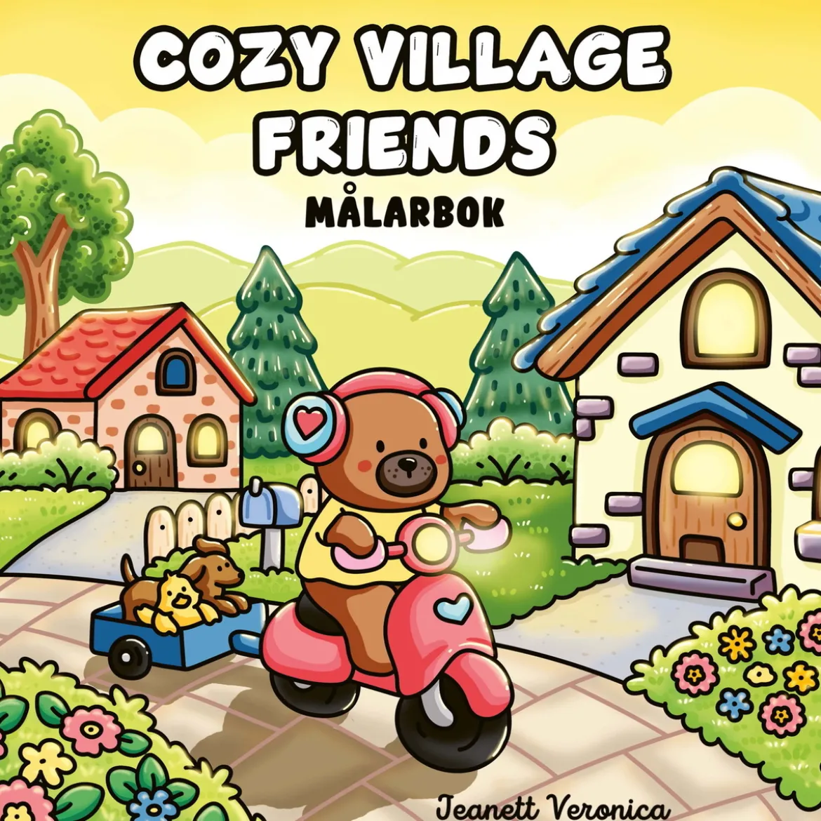 Malebok Cozy Village Friends, koselig malebok med 40 avslappende motiver, 25×25 cm