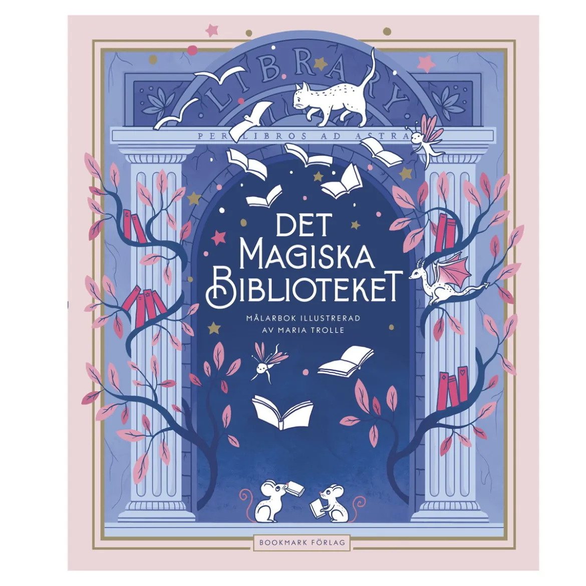 Malebok Det magiska biblioteket, illustrert av Maria Trolle, 78 sider, 21,8×25,8 cm
