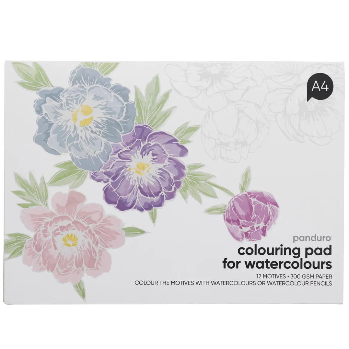 Malebok for akvarell med 12 blomstermotiver, L A4 (297×210 mm), 300 g/m²
