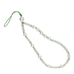 Mobillenke, mobilrem 17 cm – gylne, transparente og perlemorlignende perler