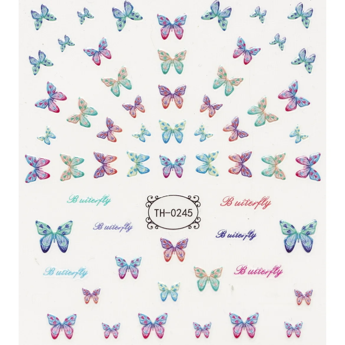 Negleklistremerker pastellfargede sommerfugler og «butterfly». 1 ark på 8,5×10 cm