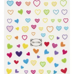 Negleklistremerker søte hjerter i ulike farger. 1 ark nail stickers på 8,5×10 cm