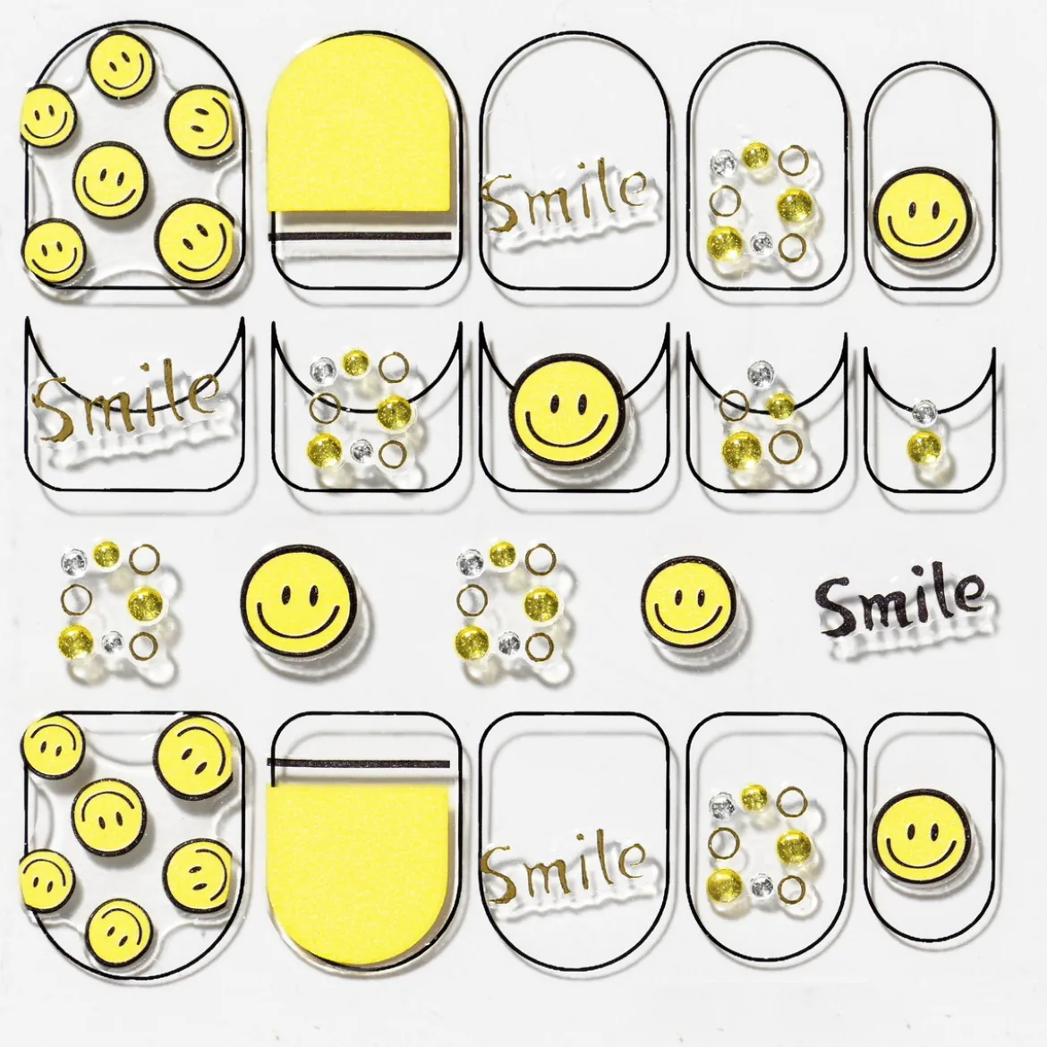 Neglstickers smiley – 20 neglklistremerker med smilefjes, tekst og små miniperler