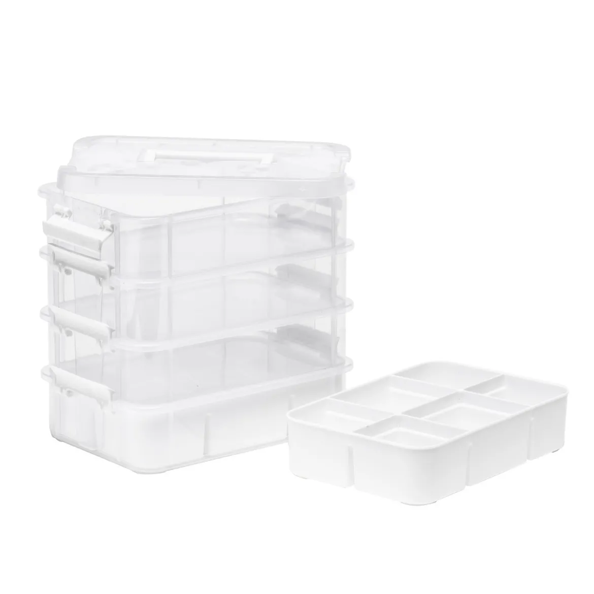 Oppbevaringsbokser, 4 stk. påbyggingsbare. 27×17,5×24 cm, 2 med innerrom, 1 med lokk