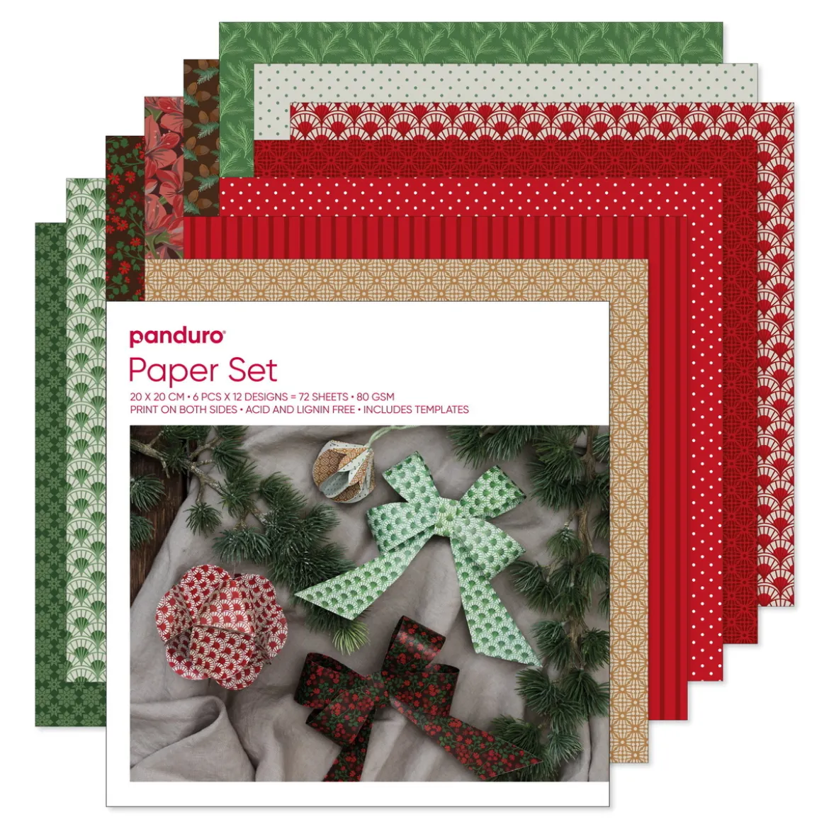 Papirsett julemiks, 72 dobbeltsidig trykte ark – julefarger og mønstre, 20×20 cm, 80 g/m²