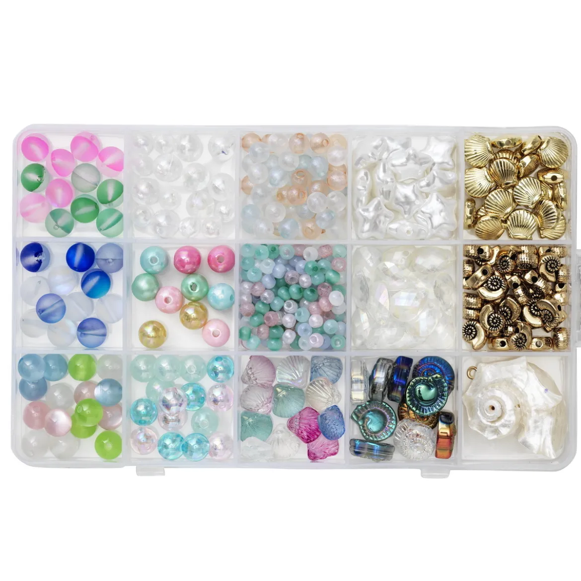 Perlemiks med glass- og plastperler med havtema + 1 skjellcharm