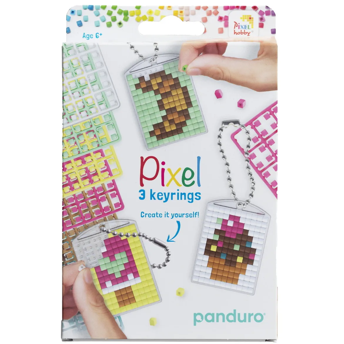 Pikselhobby Kit Sweet – 3 nøkkelringer à 30×40 mm, 8 pikselplater og mønsterhefte