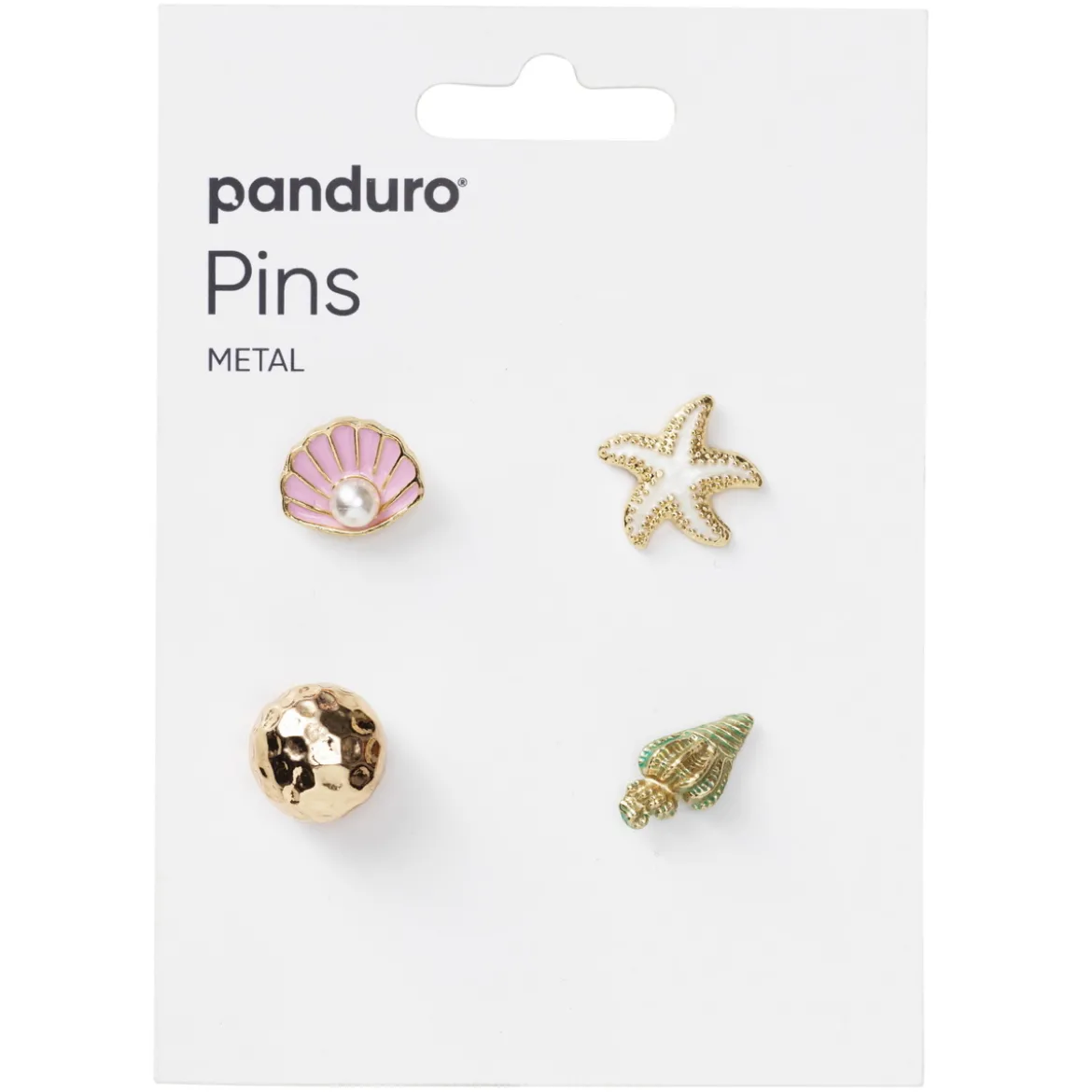 Pins, badges, 4 gullfargede og rosa små minibrosjer med havpreg