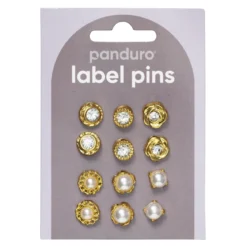 Pins, badges, 12 stk. herlig gullfargede og gnistrende små minibrosjer med diameter 10–12 mm