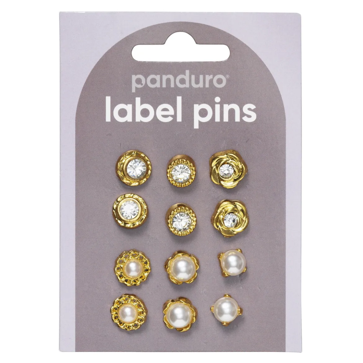 Pins, badges, 12 stk. herlig gullfargede og gnistrende små minibrosjer med diameter 10–12 mm