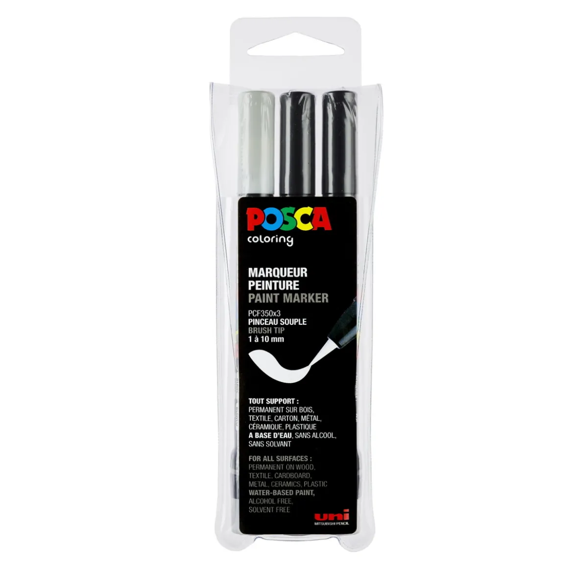 Posca Brush PC-350 3-pakning – svart / svart / hvit