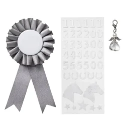 Premiesløyfe til kjepphest Ø7 cm og klistremerker i sølvfarget tema + 1 engelcharm