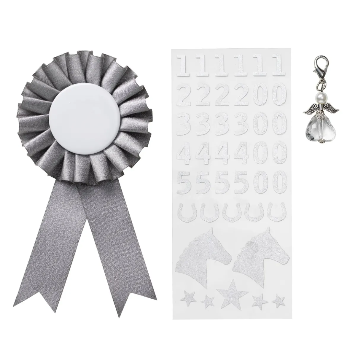 Premiesløyfe til kjepphest Ø7 cm og klistremerker i sølvfarget tema + 1 engelcharm