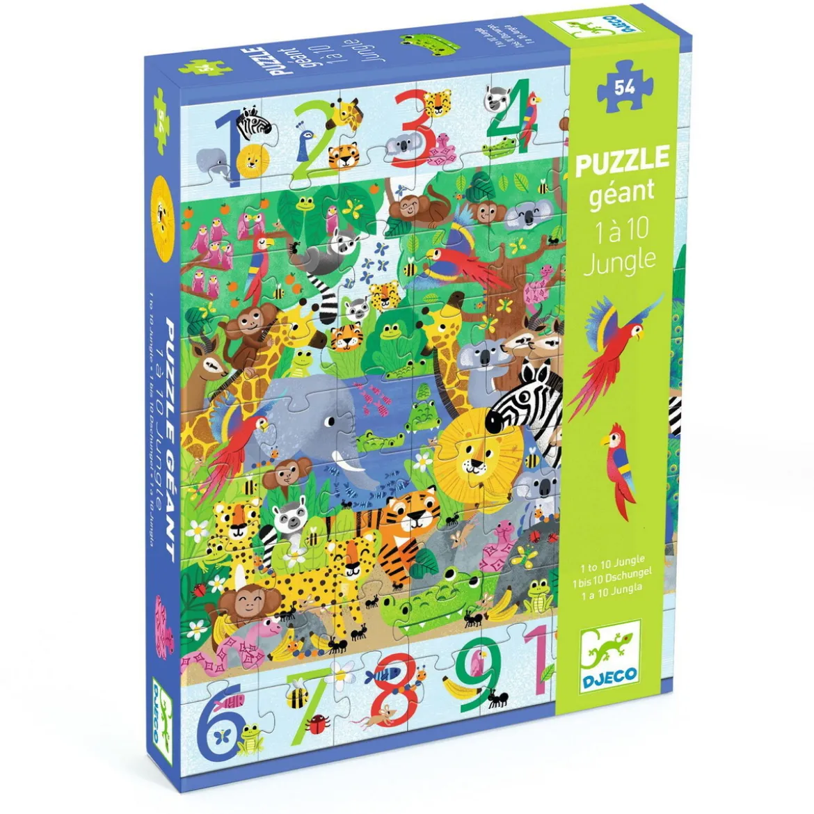 Puslespill 1 to 10 Jungle, matematikk + barnepuslespill med 54 biter, 52×70 cm