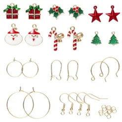 Ørepyntkit med juletema – 6 par ørepynt og 12 anheng / charms i rødt, grønt og gull