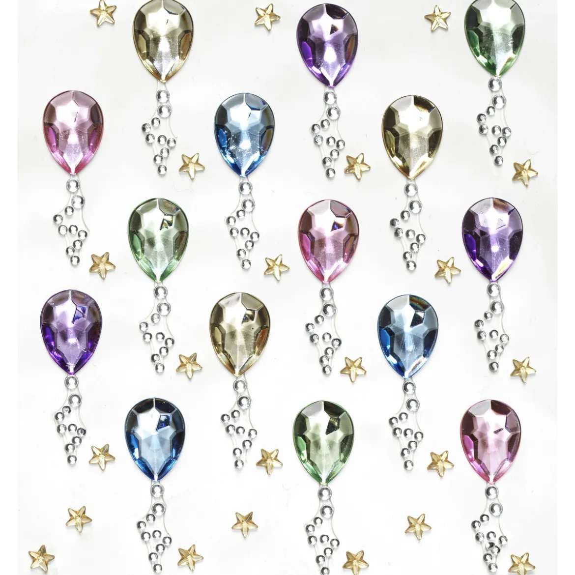 Rhinestone stickers ballonger – 30 ballonger m. snor (L 35 mm) og 44 små gullstjerner