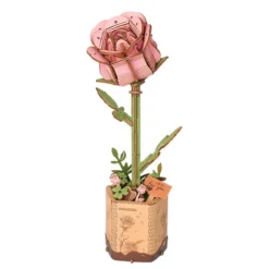 Rolife DIY Wooden Flower 3D-puslespill treblomst TW041 Pink Rose 85×65×210 mm