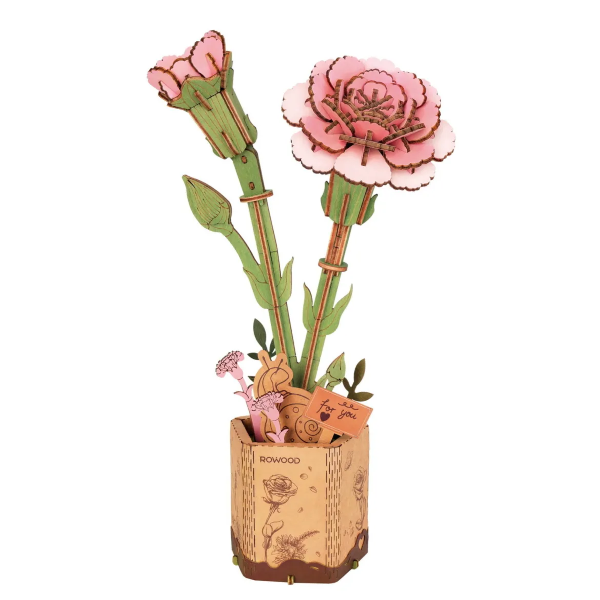 Rolife DIY Wooden Flower 3D-puslespill treblomst TW051 Pink Carnation 120×70×290 mm