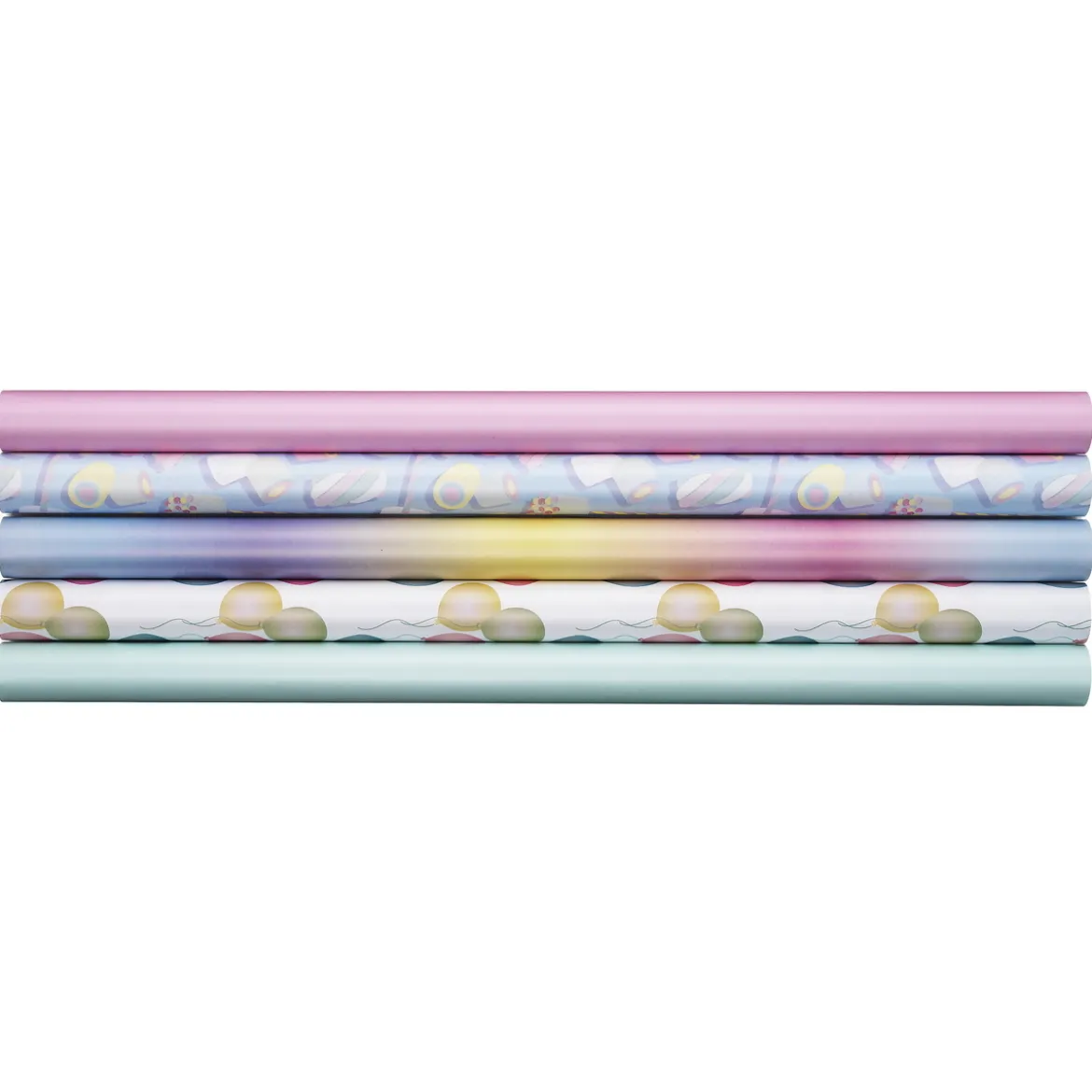 5 ruller gavepapir à 2 m × 57 cm – pastellfarger, ballonger, marshmallows!