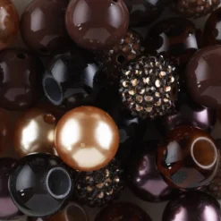 Runde akrylperler, store brune, mørke, gullfargede og strasspyntede perler, diameter 20 mm