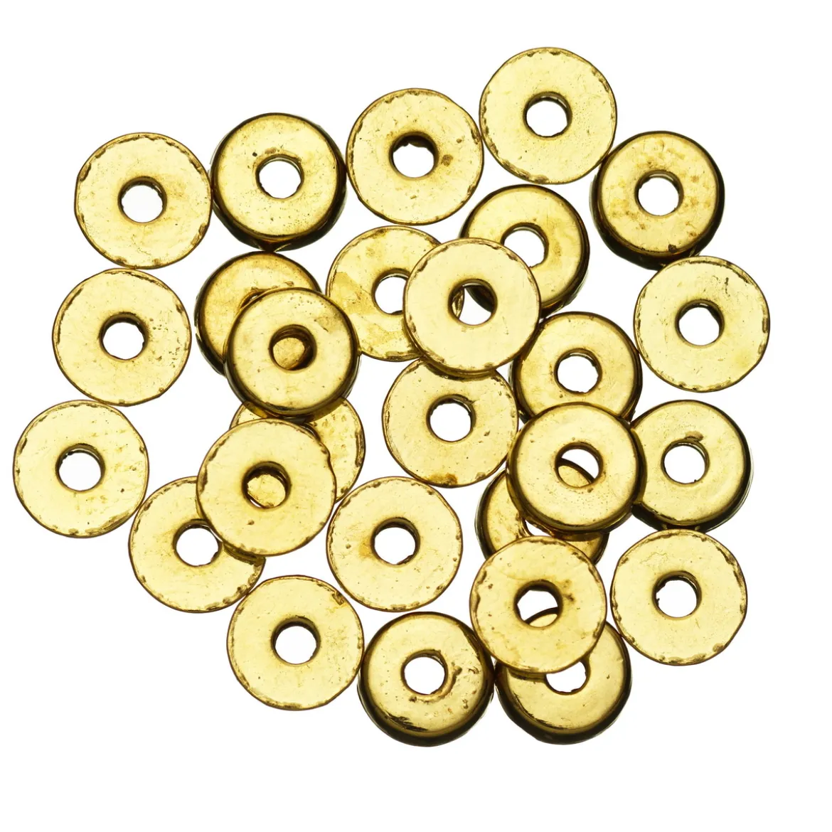 27 runde, flate gullfargede perler av metall – Ø 6 mm, 2 mm tykkelse