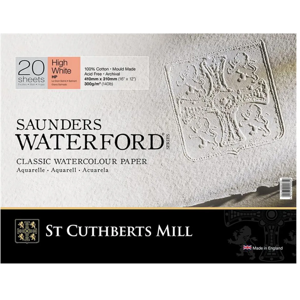 Saunders Waterford High White hellimt akvarellblokk GS, HP – 41×31 cm, 20 ark, 300 g/m²