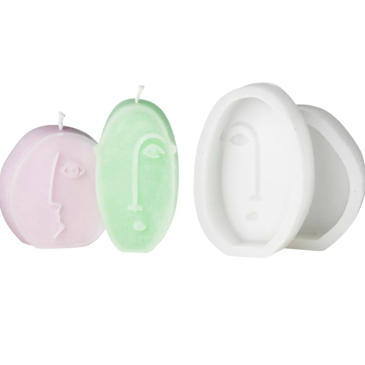 Silikonform til å støpe lys – to ansikter – høyde 7,5 / 9,5 cm, dybde ca. 2 cm