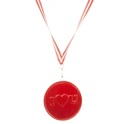 Sjokolademedalje I love you med medaljebånd. Melkesjokolade. Ø7,5 cm. Vekt 23 gram