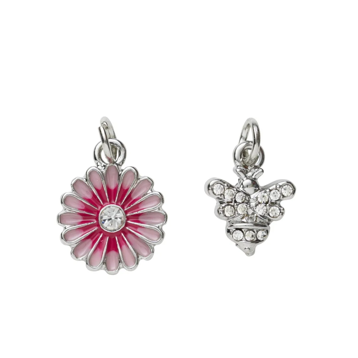 2 sølvfargede anheng / charms blomst rosa blader og strass Ø13 mm, bie med strass 11×8 mm