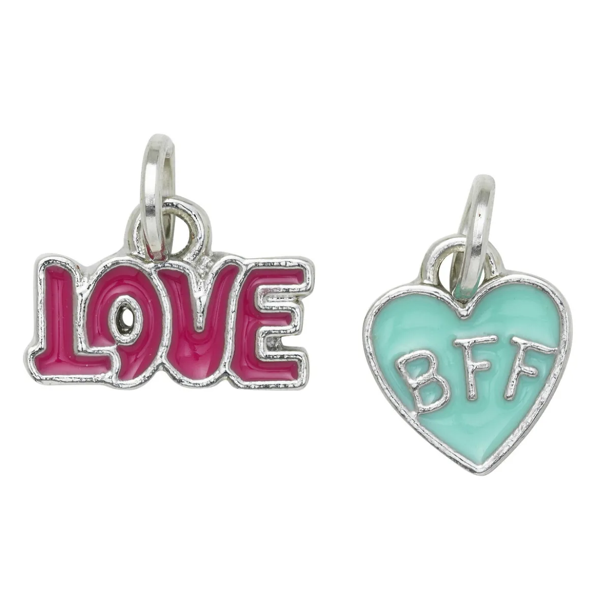 Sølvfargede anheng / charms, Love 14×5 mm, BFF-hjerte 10×10 mm