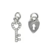 2 sølvfargede anheng / charms lås 8×10 mm, nøkkel strass 6,5×16,8 mm