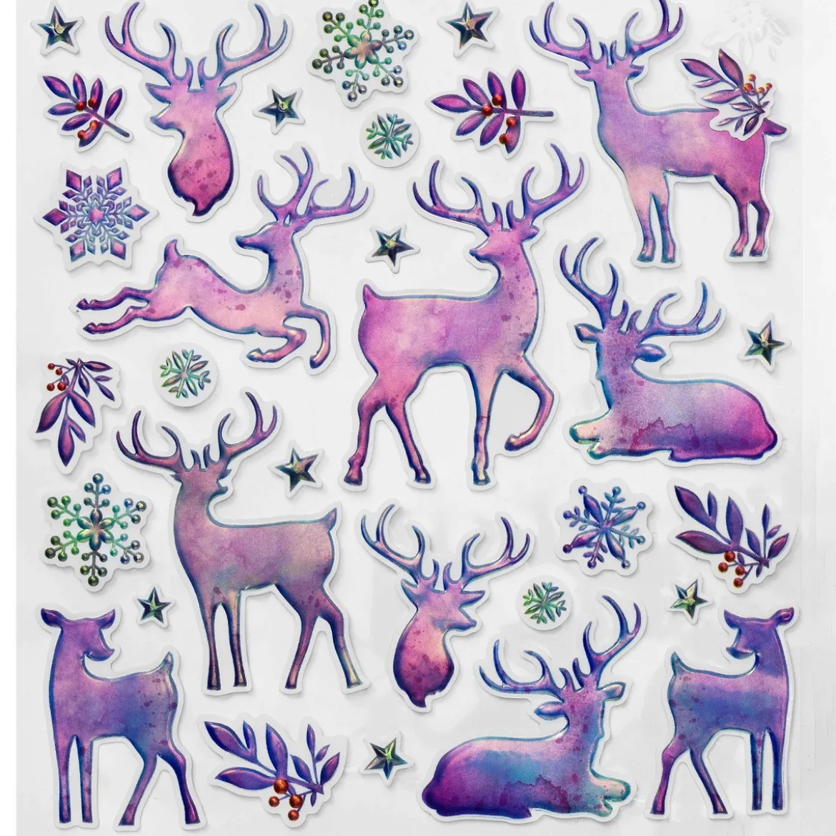 Stickers Jul, iriserende tykke klistremerker, reinsdyr, snøflak m.m, 13×12 cm ark