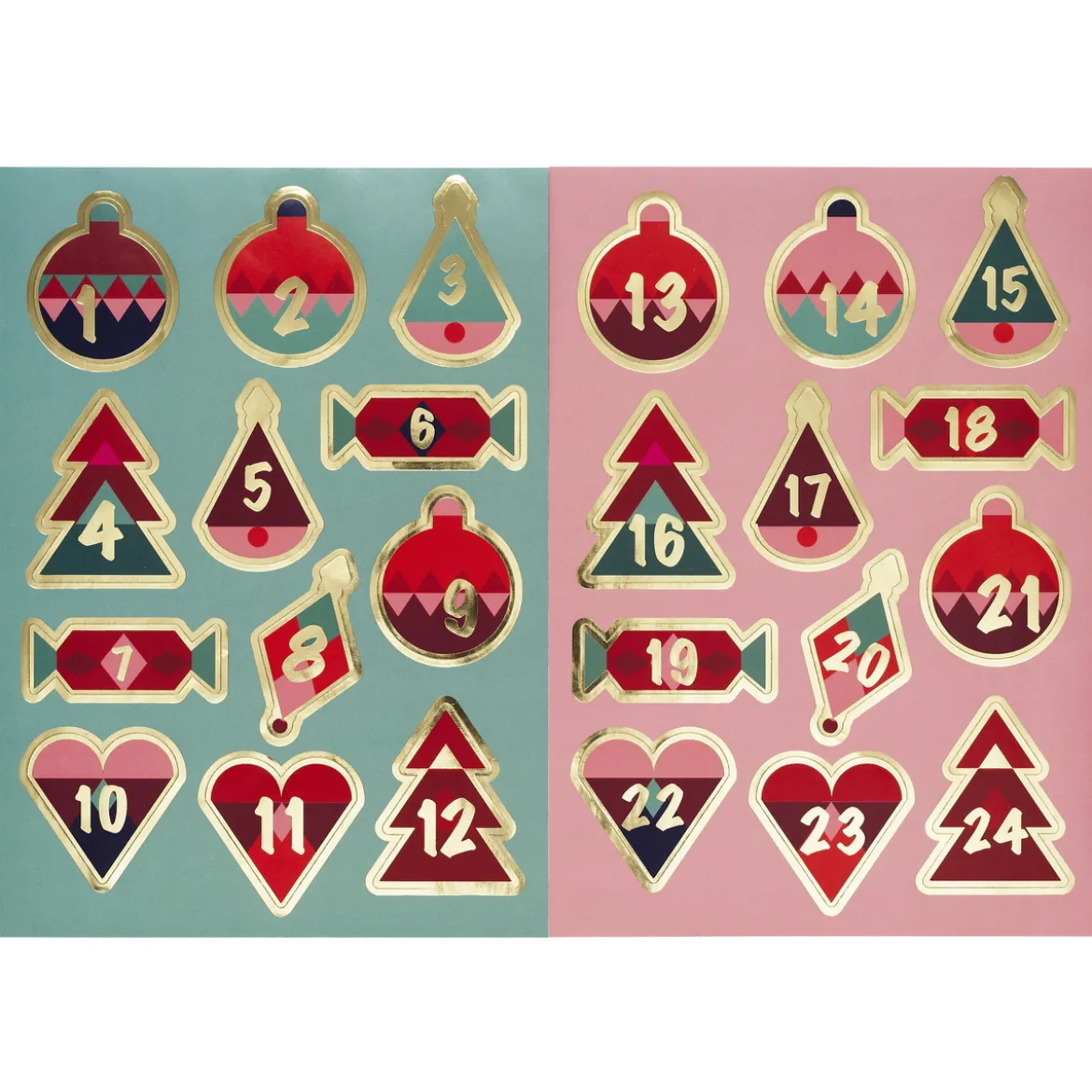 Stickers Jul, 24 klistremerker med masse gull metallic, tallene 1–24. 2 stk. 15×21 cm ark