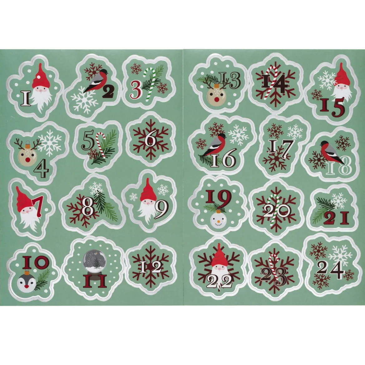 Stickers Jul, 24 klistremerker med nisser og julestemning, tallene 1–24. 2 stk. 15×21 cm ark