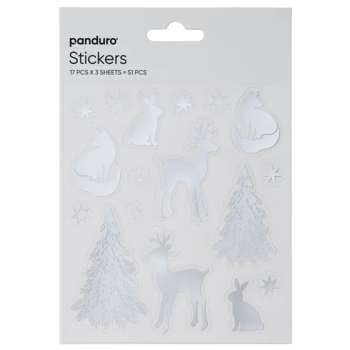 Stickers Jul, vinterdyr i sølv metallic, 3 ark med til sammen 51 klistremerker